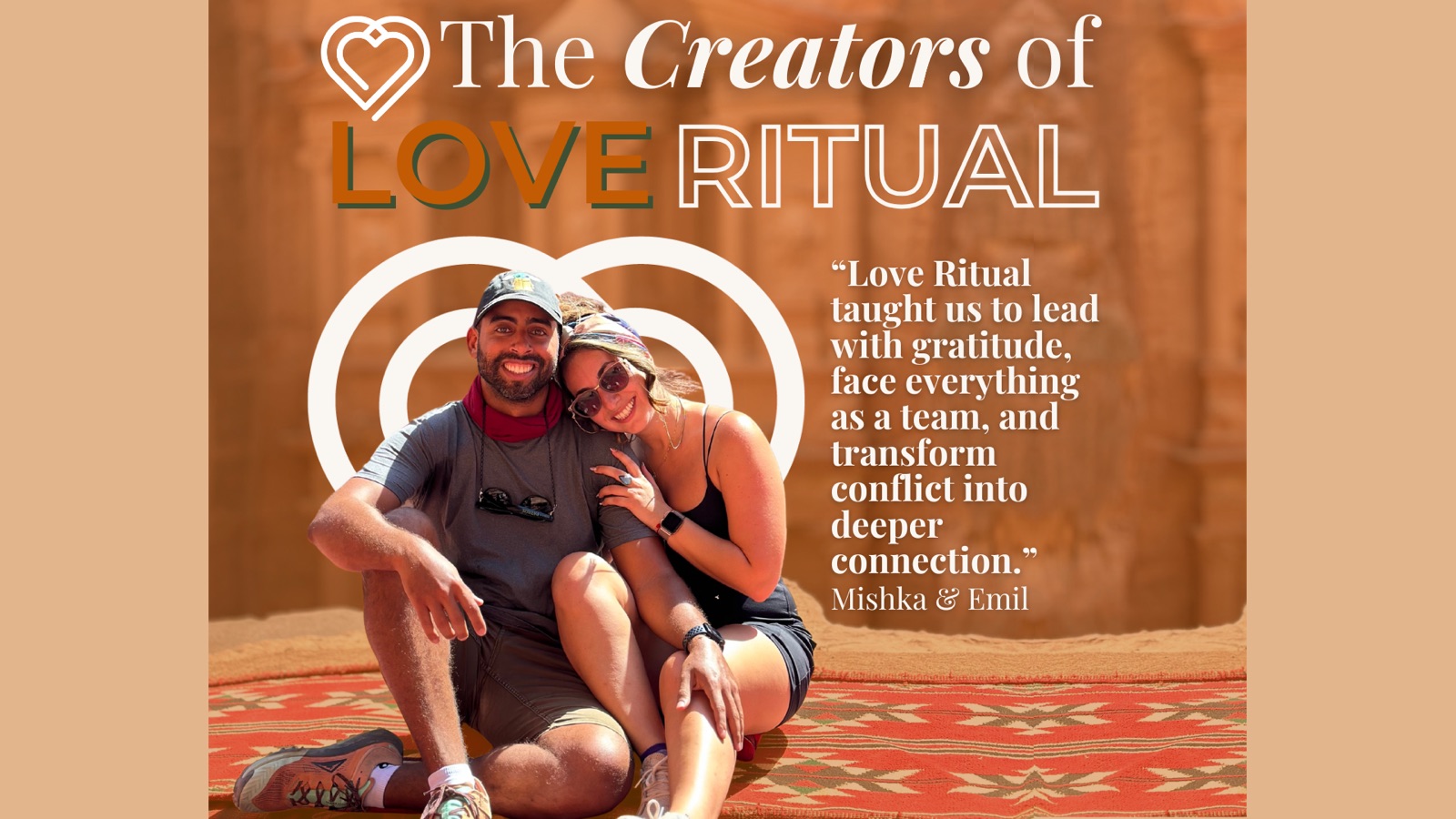 Mishka and Emil, the creators of Love Ritual, sitting together on a rug in the desert