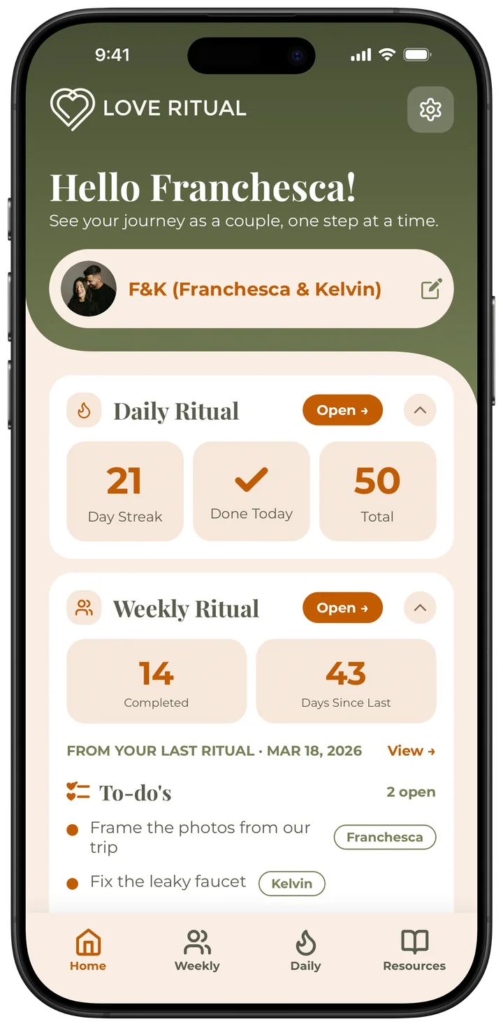 Love Ritual app: the home screen with the daily and weekly rituals